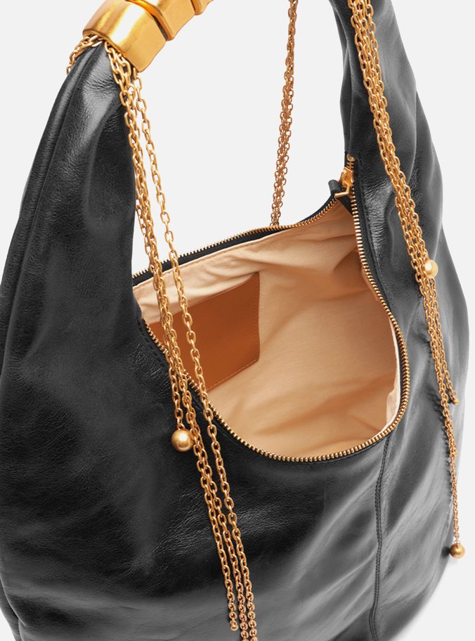 Bolsa Hobo Preta Couro Grande Alça Metais
