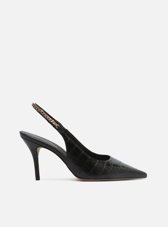 Scarpin Preto Croco Bico Fino Slingback Corrente