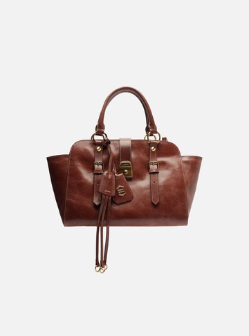 Bolsa Tote Marrom Couro Estonado Média Metal