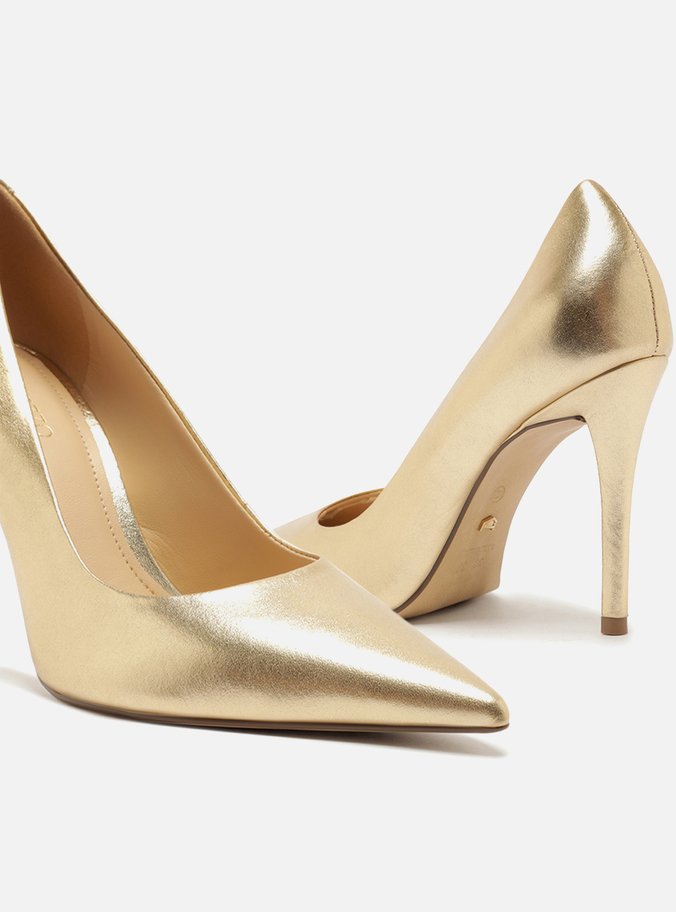 Scarpin Couro Salto Alto Dourado Platino