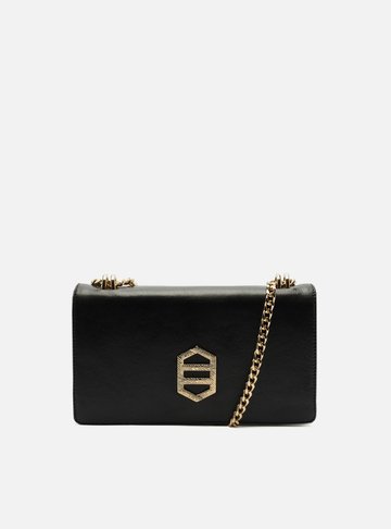 Arezzo — Bolsa Tiracolo Preta Couro Média Corrente Dourada