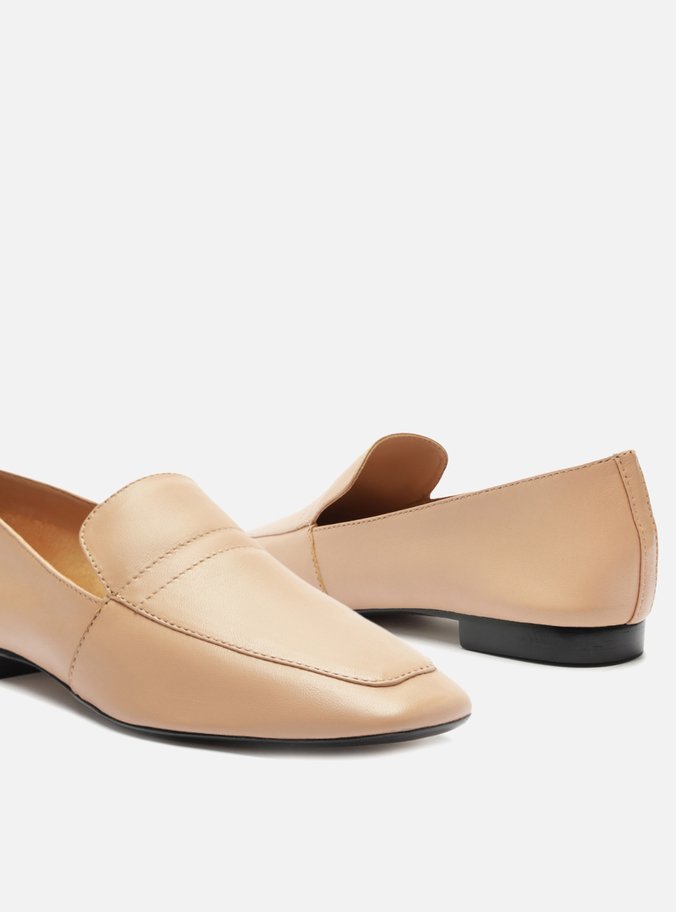 Mocassim Bege Couro Bico Quadrado Liso