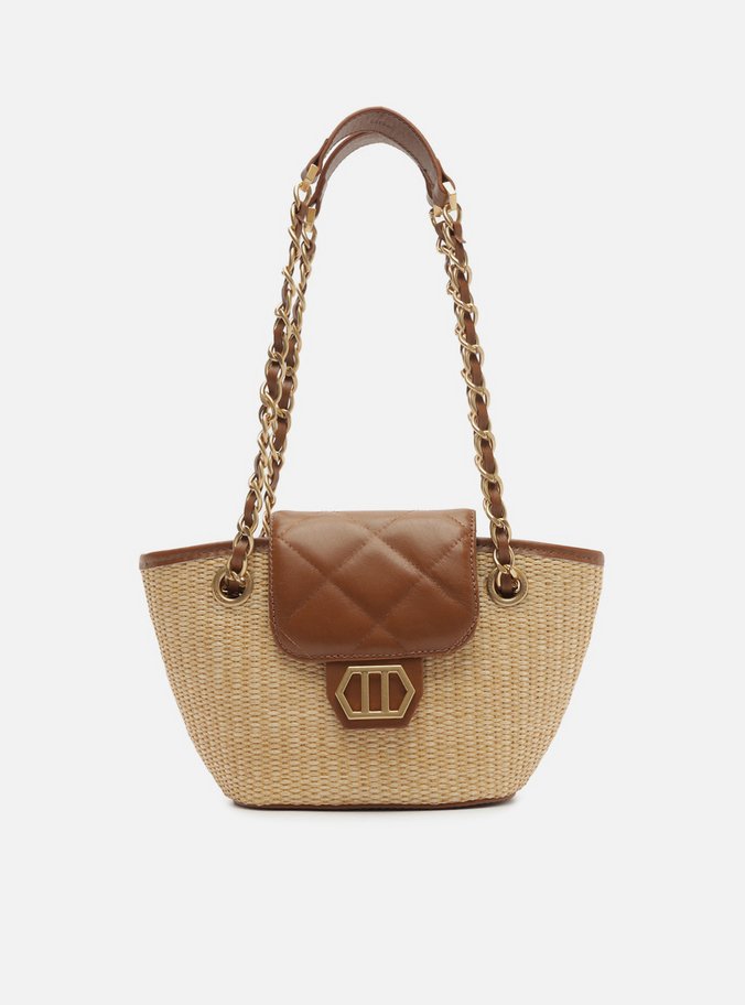 Bolsa Tiracolo Marrom Couro Média Ráfia