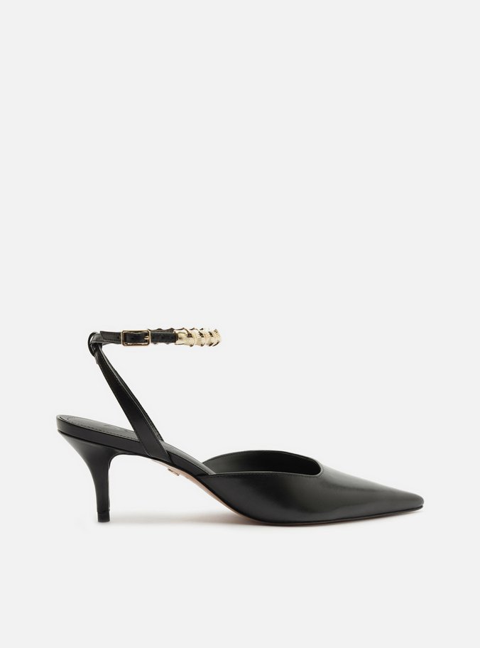 Scarpin Preto Couro Salto Kitten Tiras Metal