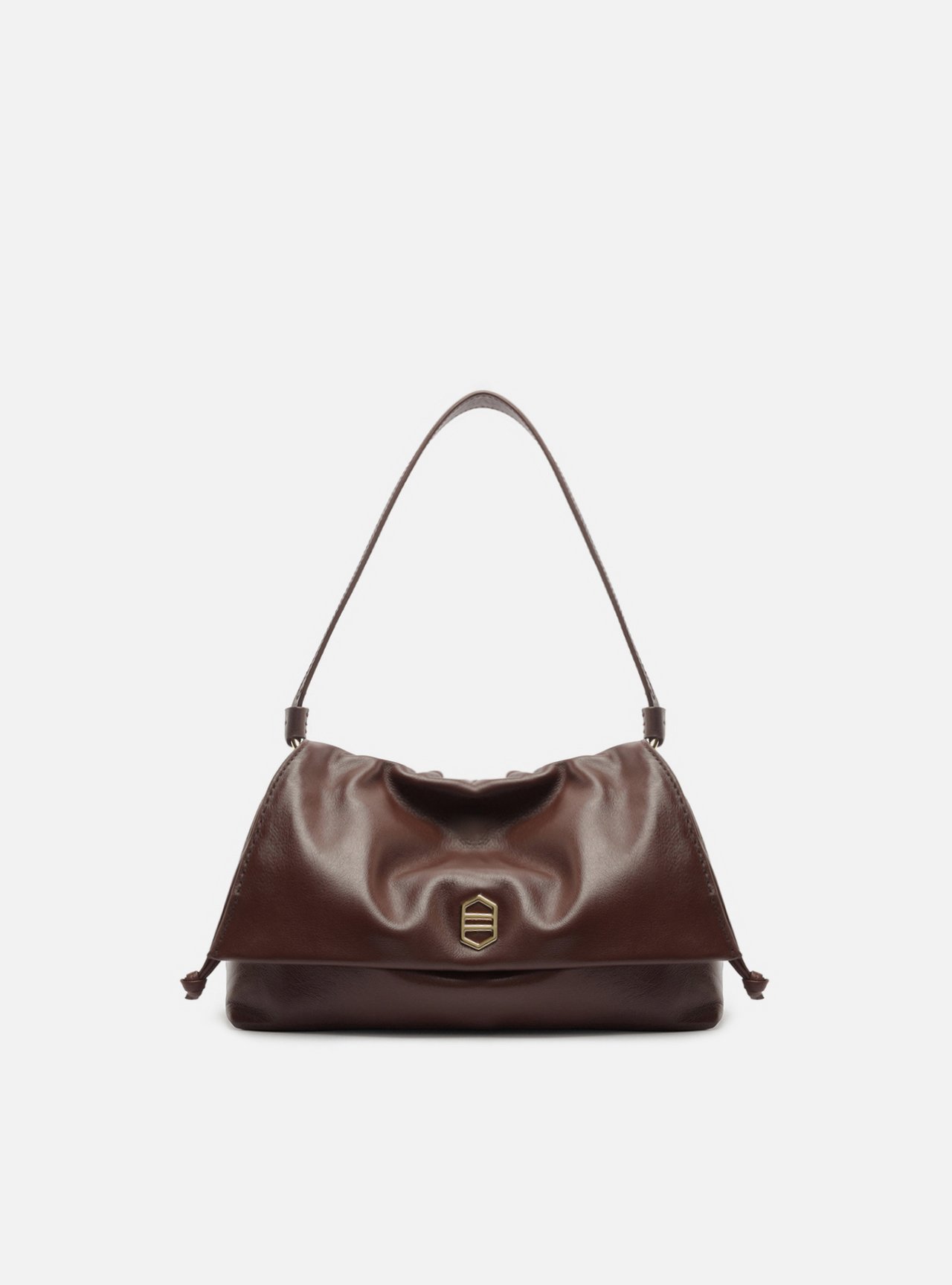 Bolsa Tiracolo Marrom Couro Média Franzida — foto 1