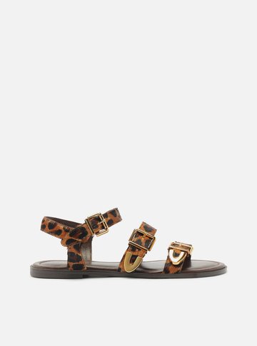 Sandália Rasteira Animal Print Onça Tiras Fivelas