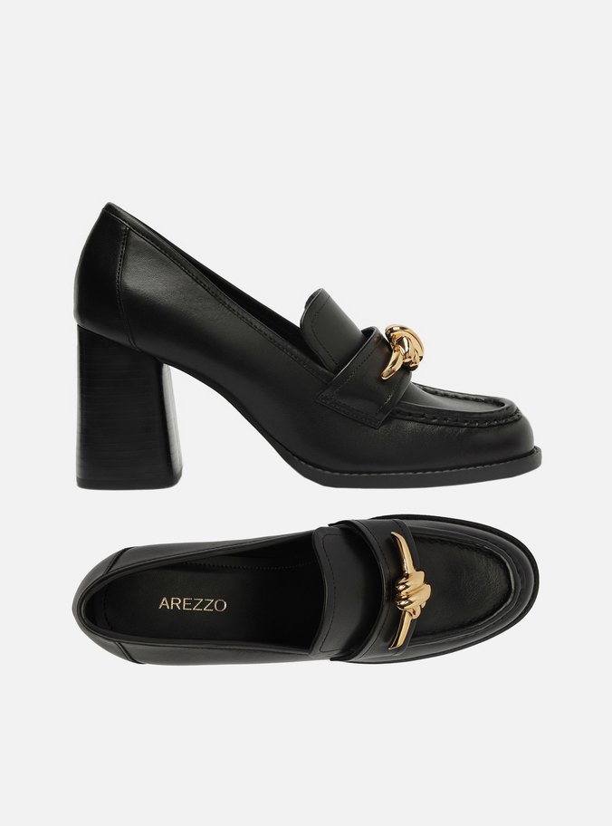 Loafer Preto Couro Salto Bloco Metal Nó