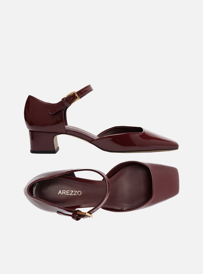 Scarpin Vinho Verniz Salto Baixo Bico Quadrado