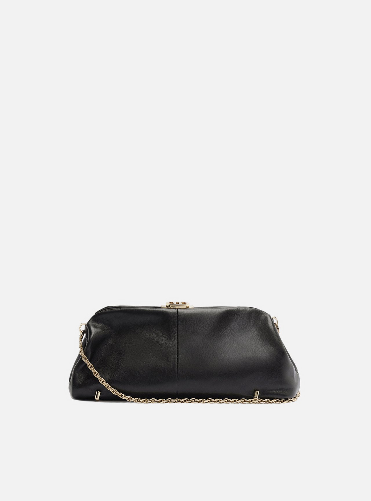 Bolsa Clutch Preta Couro Média Corrente Metais — foto 3