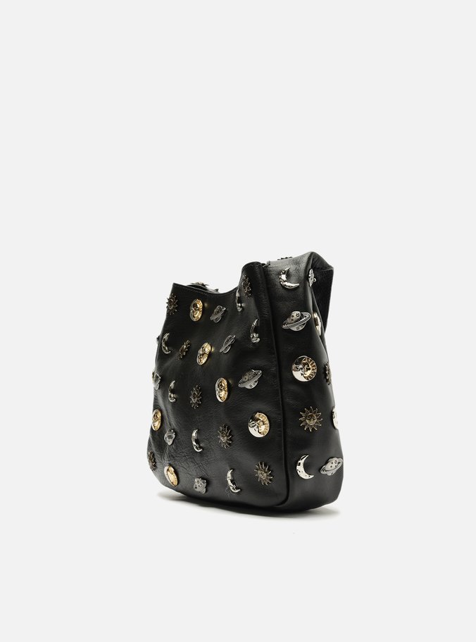 Bolsa Tiracolo Preta Couro Pequena Metais TIG