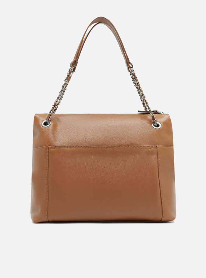 Bolsa Tote Marrom Couro Média Lapela Metal