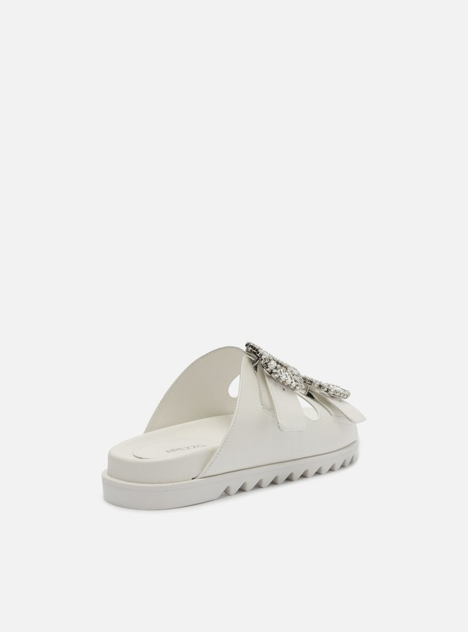 Sandália Slide Branca Couro Flatform Pedraria