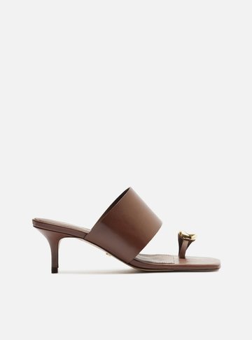 Sandália Marrom Couro Salto Fino Metal Bold