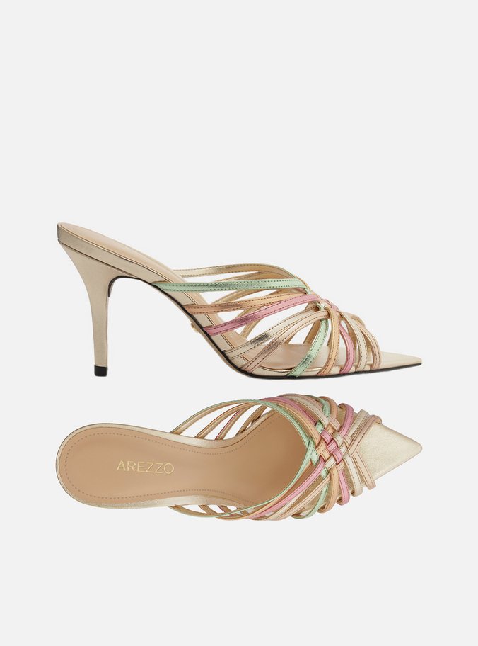 Tamanco Dourado Salto Fino Tiras Mix