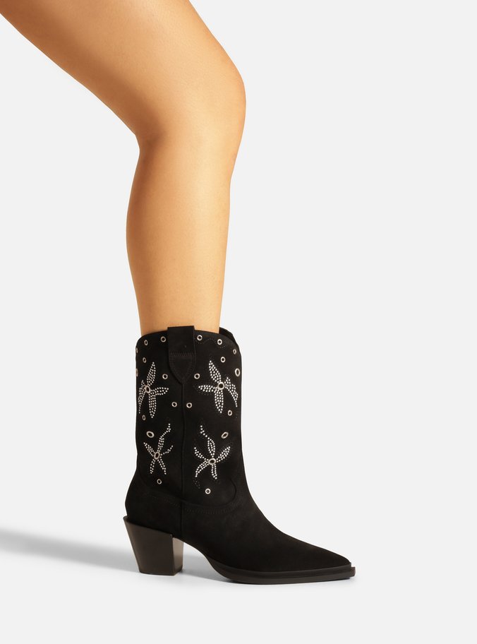 Bota Preta Acamurçada Cano Longo Bordada Western