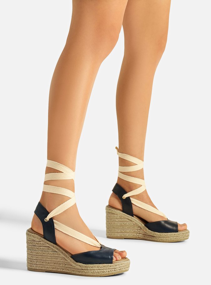 Espadrille Azul Couro Plataforma Amarração