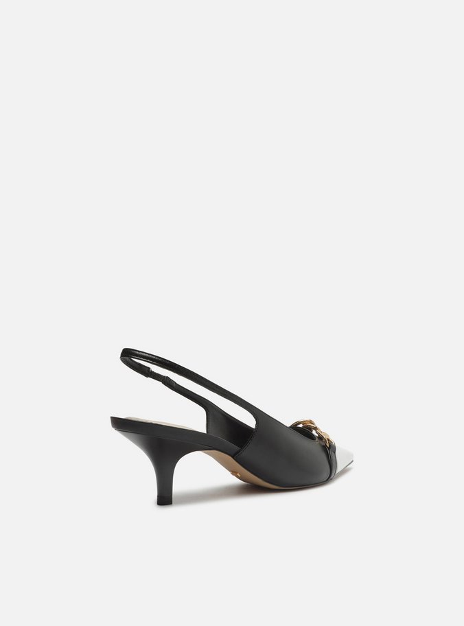 Scarpin Preto Couro Bico Fino Slingback Branco