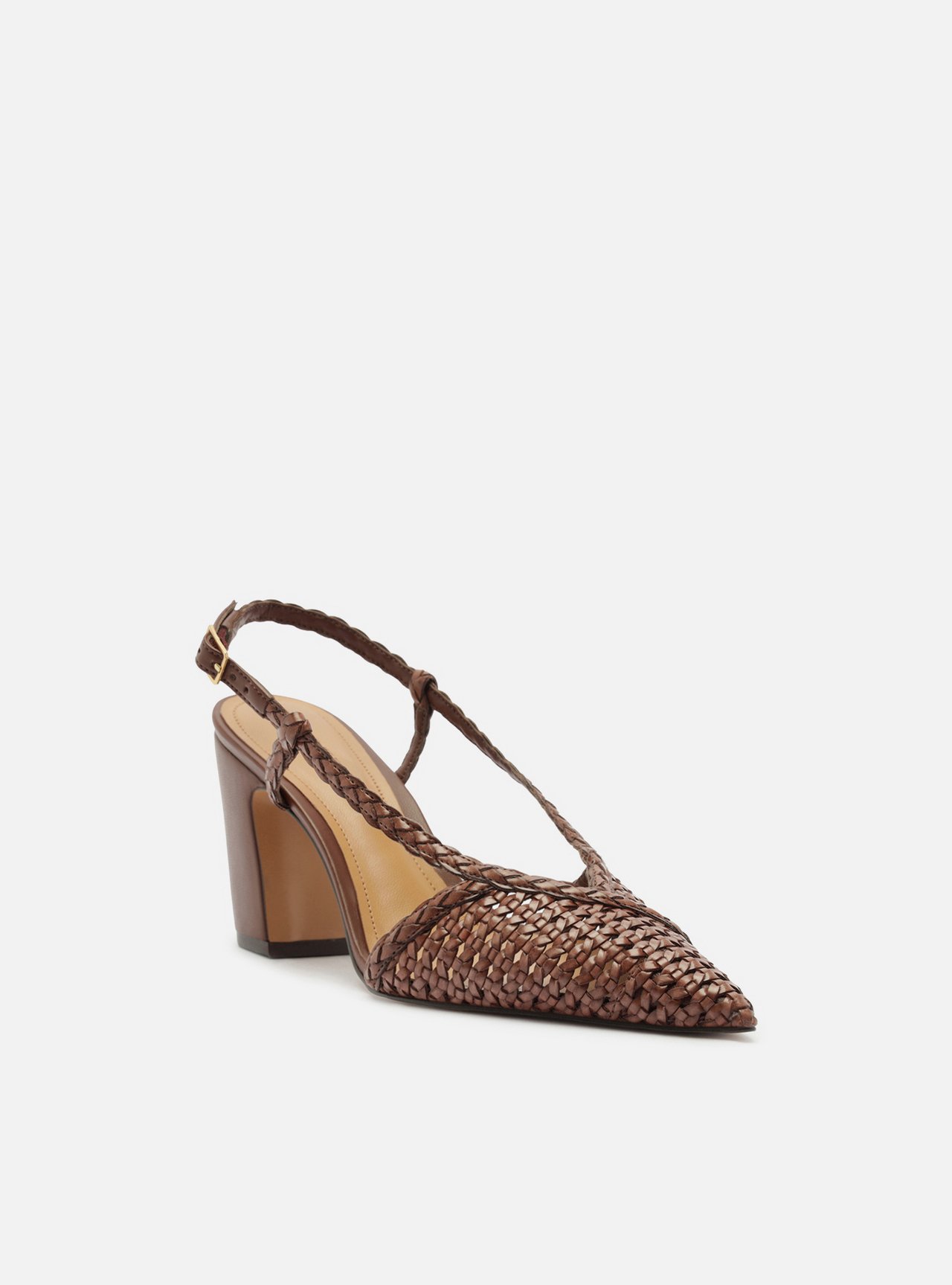 Scarpin Marrom Trançado Salto Médio Bloco Slingback — foto 2