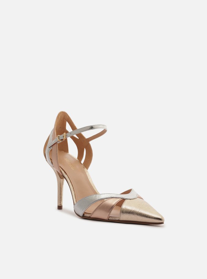 Scarpin Dourado Couro Salto Fino Mix Tiras