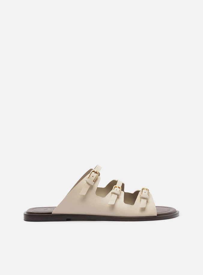 Sandália Rasteira Off White Couro Tiras Fivelas