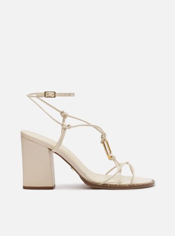 Sandália Branca Salto Bloco Tiras Metal