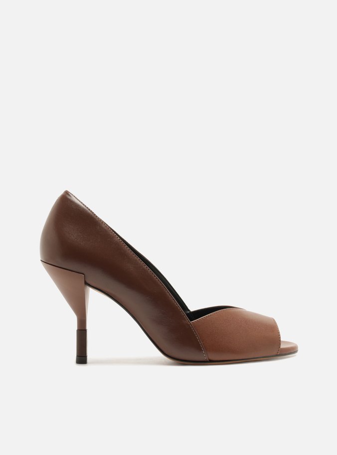 Scarpin Marrom Couro Salto Geométrico Peep Toe