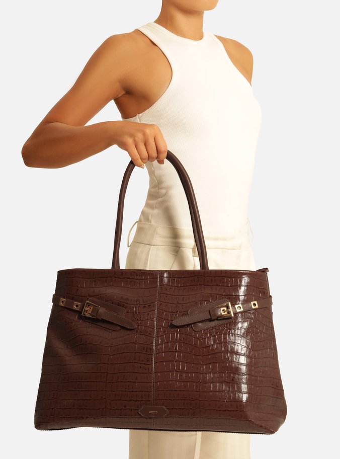 Bolsa Shopping Marrom Couro Croco Grande Fivelas