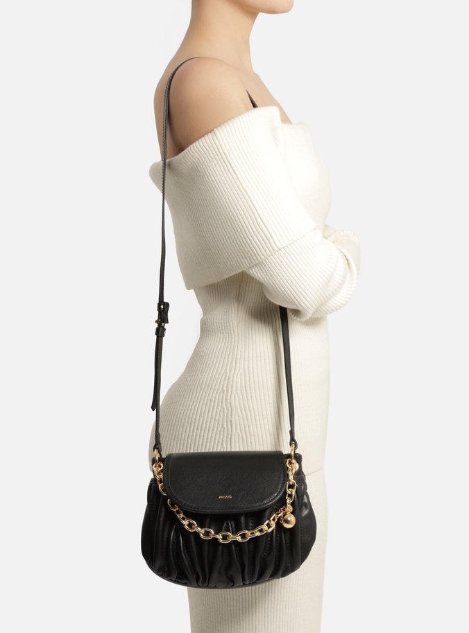 Bolsa Tiracolo Preta Couro Pequena Franzido Corrente