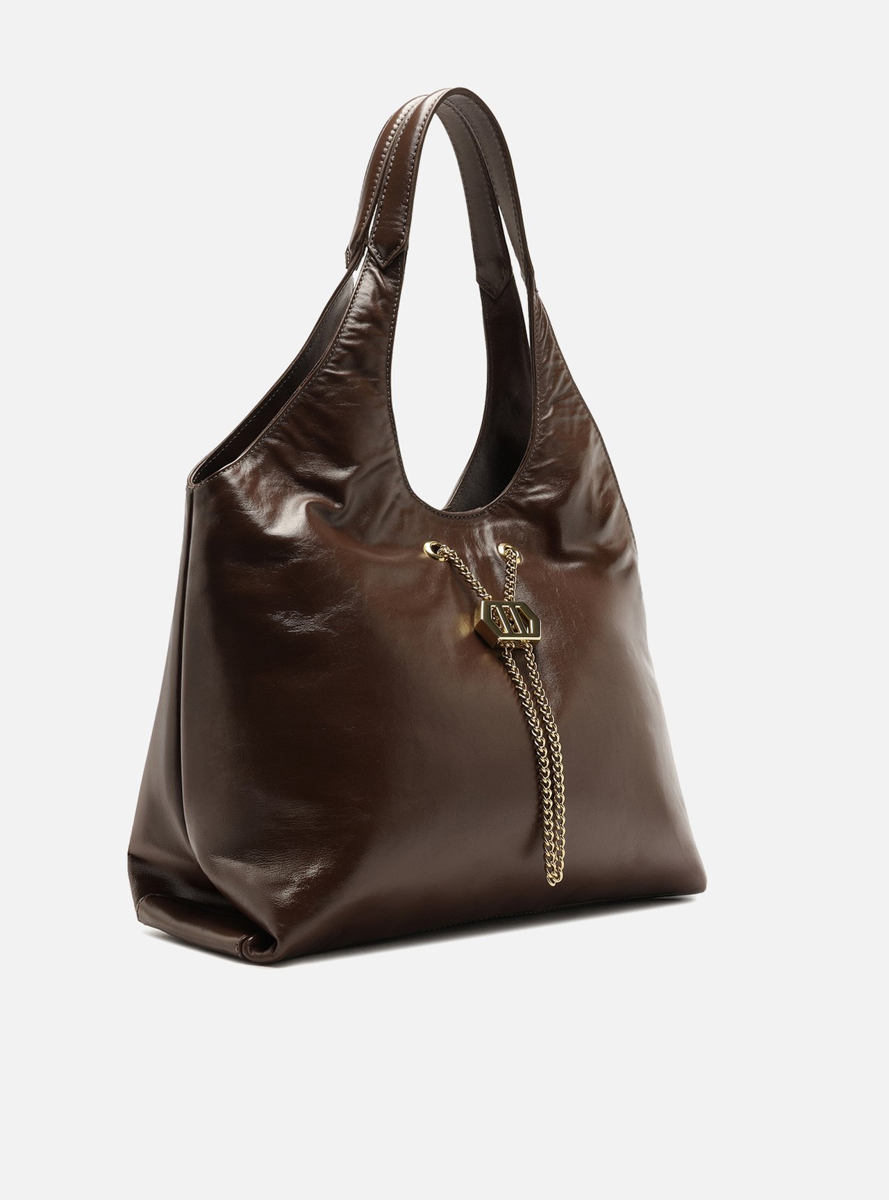 Bolsa Hobo Marrom Couro Grande Corrente Dourada — foto 5