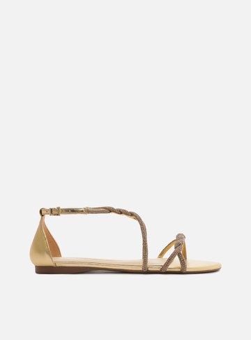 Rasteira Dourada Fechada Tiras Pedraria Strass