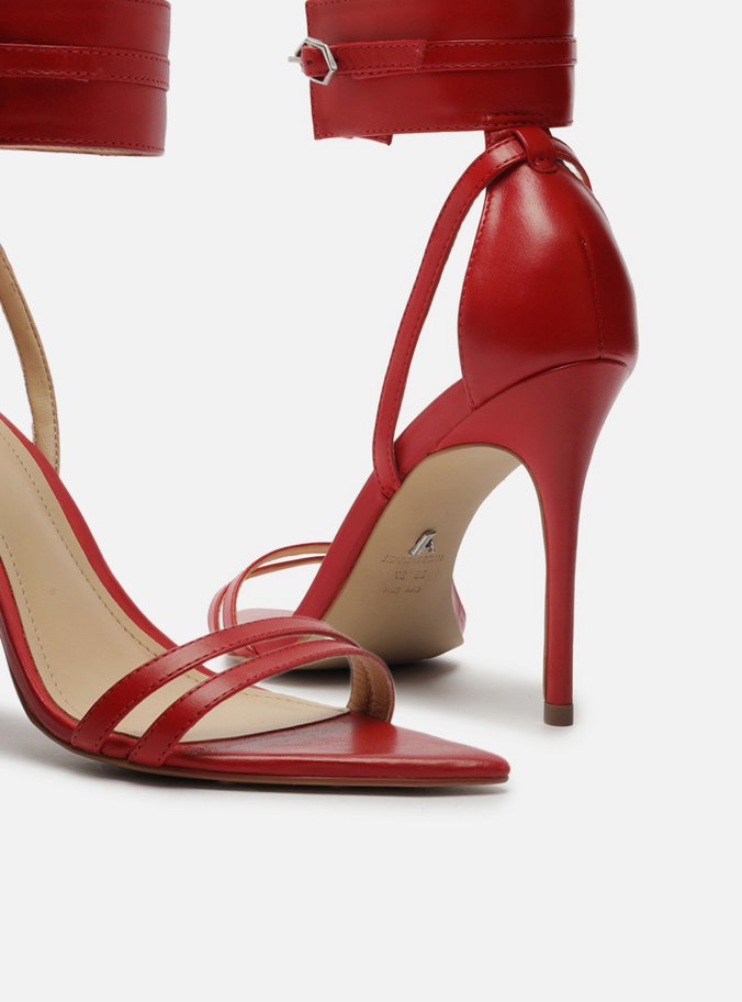 Sandália Vermelha Couro Salto Fino Ankle Strap