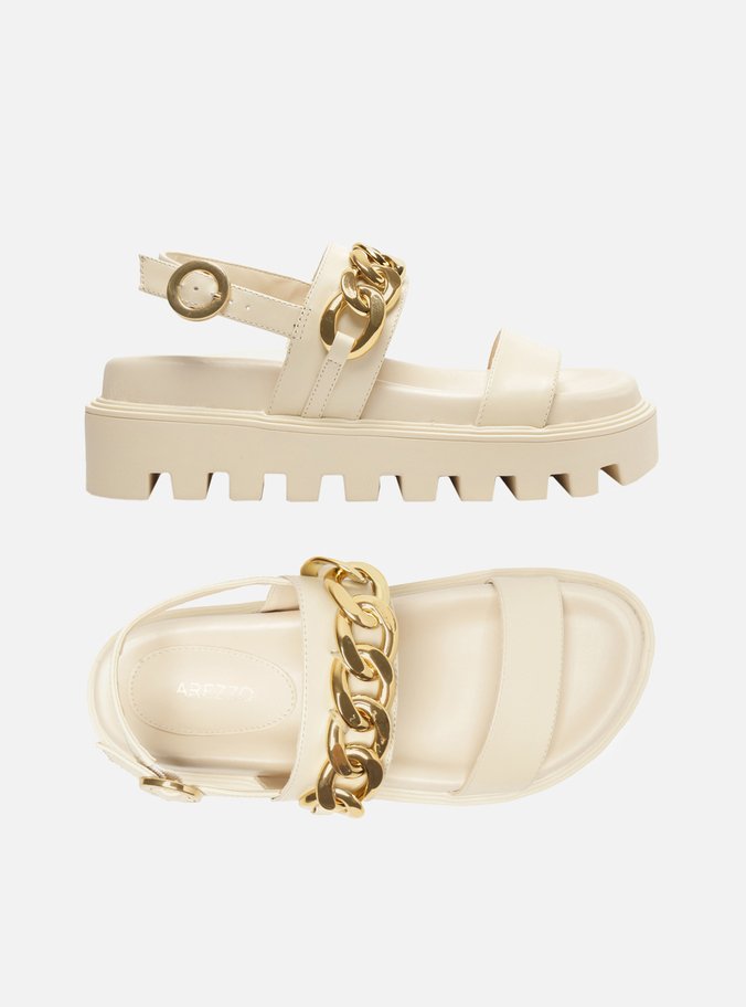 Sandália Off-White Couro Flatform Tratorada Corrente