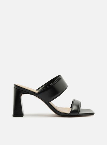 Sandália Preta Couro Salto Flare Tiras Largas