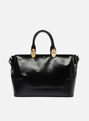 Bolsa Tote Preta Couro Natural Grande Metais