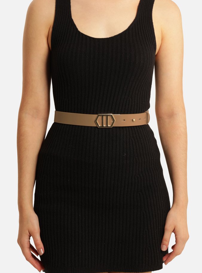 Cinto Bege Couro Médio Fivela Hexagonal