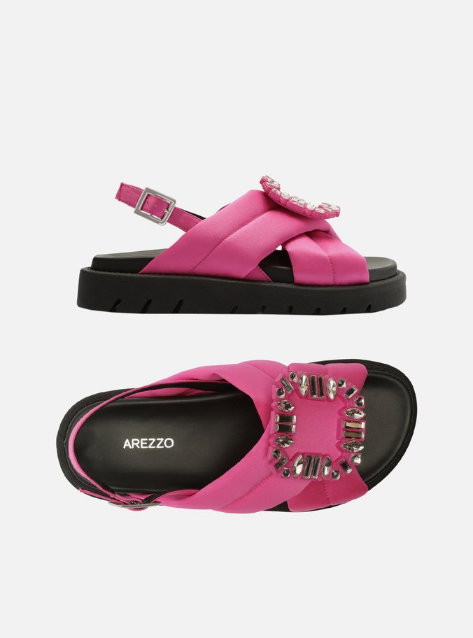Sandália Papete Rosa Cetim Flatform Pedraria
