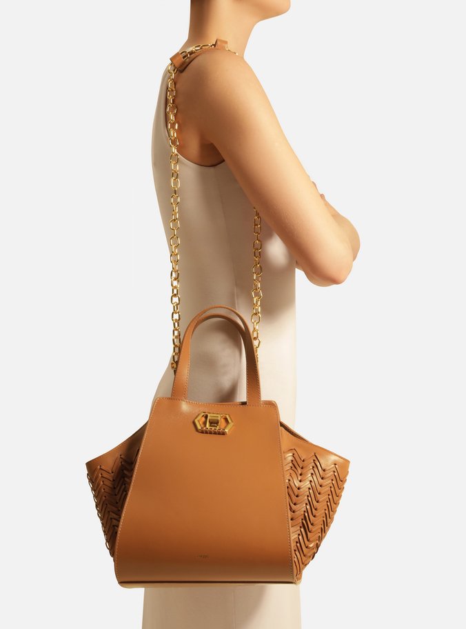 Bolsa Tote Marrom Couro Média Recortes