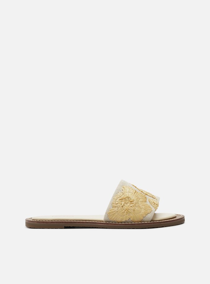 Rasteira Branca Flat Tira Única Bordado Flor