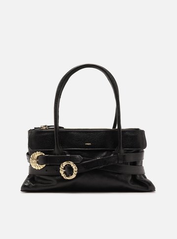 Arezzo — Bolsa Shoulder Preta Couro Grande Fivelas Douradas