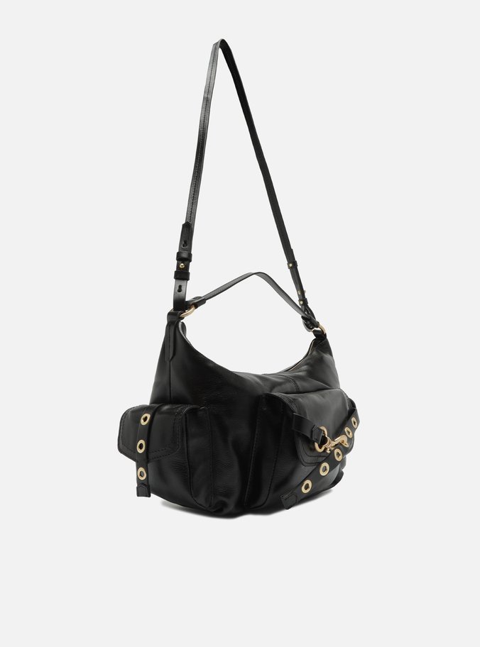 Bolsa Hobo Preta Couro Média Tira Ilhós