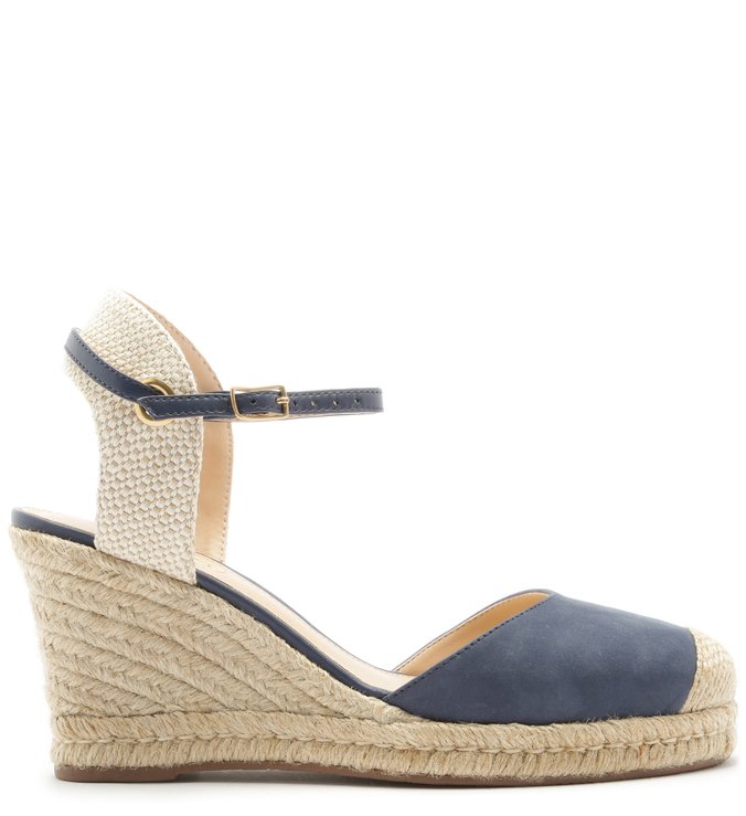 Espadrille Linho Tramado Nobuck Salto Médio Navy Blue e Natural