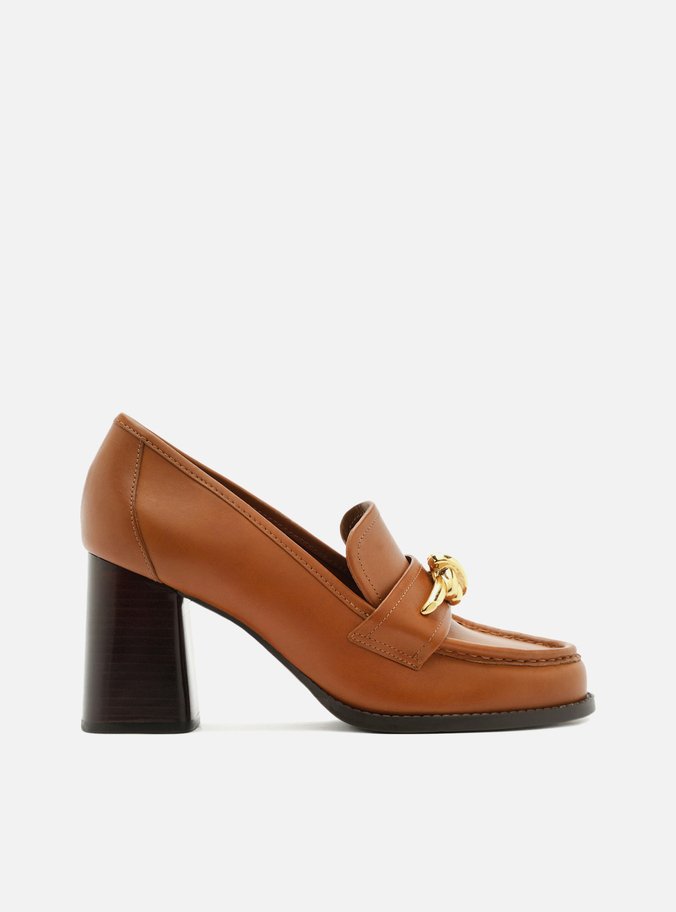 Loafer Marrom Claro Couro Salto Bloco Metal Nó