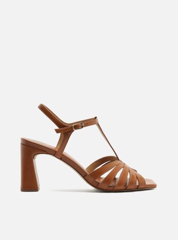 Sandália Marrom Couro Salto Médio Bloco Casual