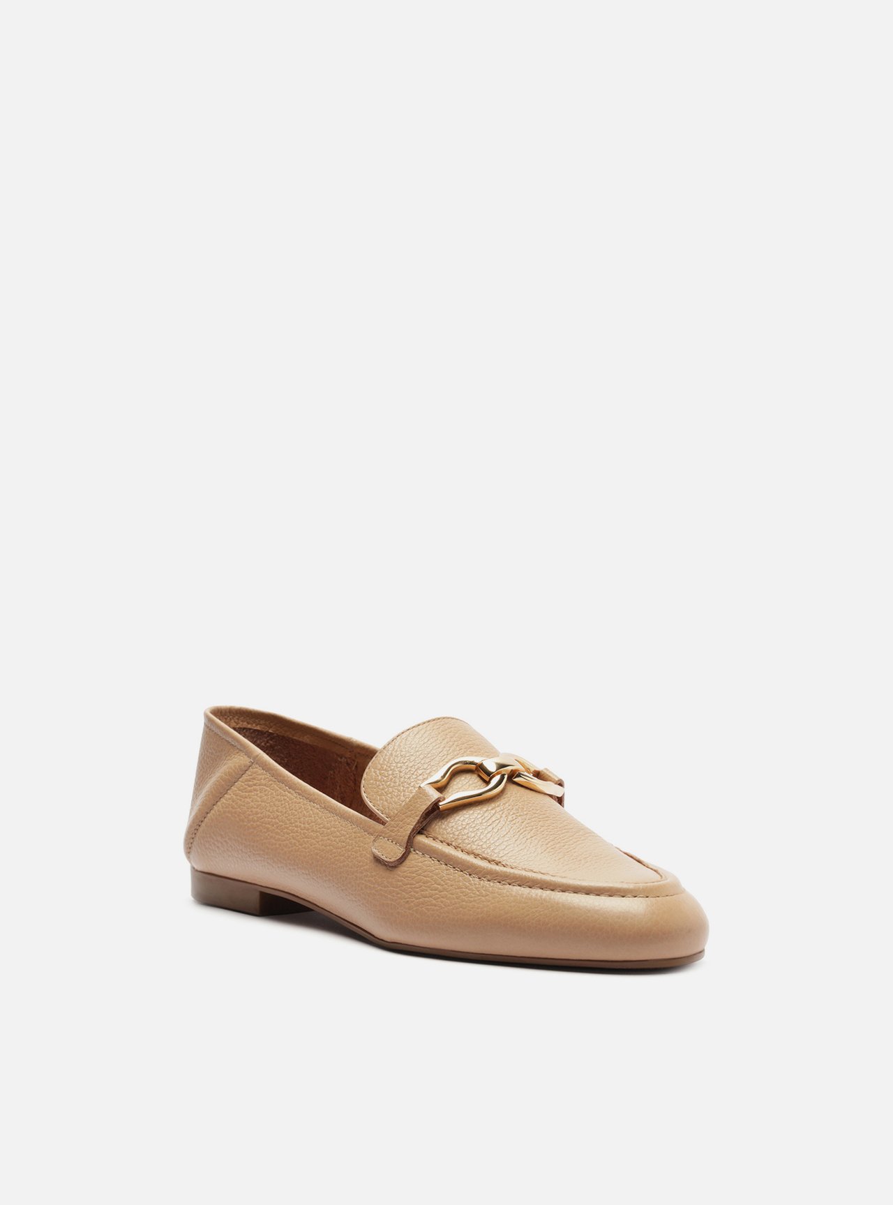 Loafer Bege Couro Bico Redondo Bridão Dourado — foto 2