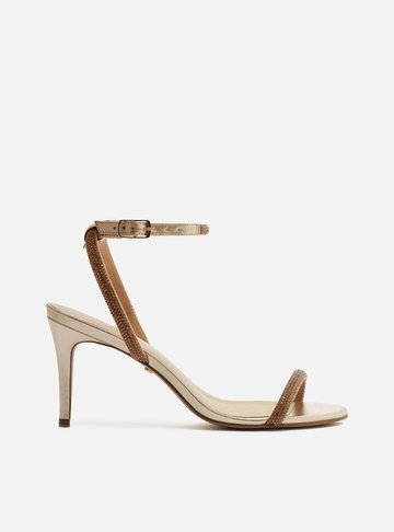 Sandália Dourada Strass Salto Fino Minimal