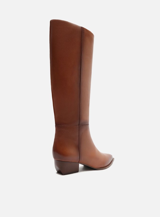 Bota Marrom Couro Cano Longo Salto Bloco