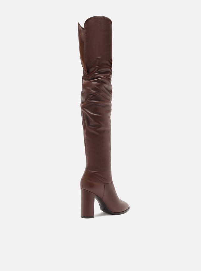 Bota Over The Knee Marrom Couro Salto Alto