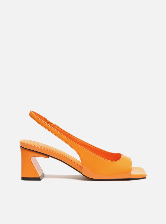 Sandália Laranja Verniz Salto Bloco Slingback