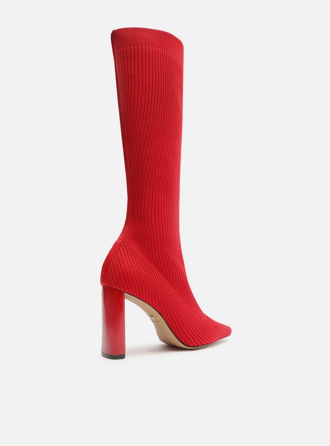 Bota Skinny Vermelha Knit Cano Longo Salto Bloco