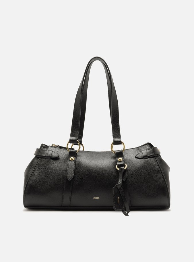 Bolsa Tote Preta Couro Média Tiras Fivelas